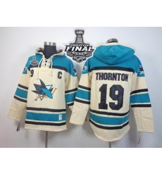 Men San Jose Sharks 19 Joe Thornton Cream Sawyer Hooded Sweatshirt 2016 Stanley Cup Final Patch Stitched NHL Jersey