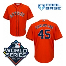 Mens Majestic Houston Astros 45 Carlos Lee Replica Orange Alternate Cool Base Sitched 2019 World Series Patch Jersey