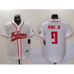 Men Atlanta Falcons  9 Michael Penix Jr  White With Patch Cool Base Stitched Baseball Jersey