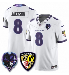 Men Baltimore Ravens Lamar Jackson #8 White F U S E Ravens Patch Stitched Jersey Men Baltimore Ravens Lamar Jackson #8 White F U S E Ravens Patch Stitched Jersey