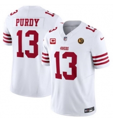 Men San Francisco 49ers 13 Brock Purdy White 2023 F U S E  With 1 Star C Patch And John Madden Patch Vapor Limited Stitched Football Jersey