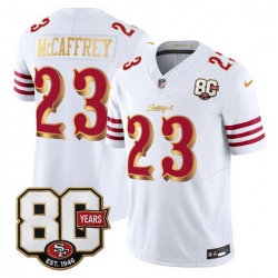 Men San Francisco 49ers  Christian McCaffrey White Gold 80th Anniversary Patch  Rivalries  2026 F U S E  Vapor Untouchabl Limited Stitched Football Jersey