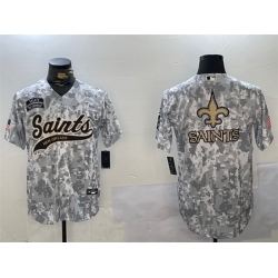 Men New Orleans Saints Team Big Logo 2024 Arctic Camo Salute To Service Stitched Baseball Jersey 1