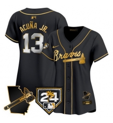 Women Atlanta Braves 13 Ronald Acu F1a Jr Black Gold 2024 Spring Training 26 Georgia Patch Vapor Limited Stitched Baseball Jersey Women Atlanta Braves 13 Ronald Acu F1a Jr Black Gold 2024 Spring Training 26 Georgia Patch Vapor Limited Stitched Baseball Jersey