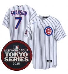 Men Chicago Cubs 7 Dansby Swanson White 2025 World Tour Tokyo Series Home Stitched Baseball Jersey