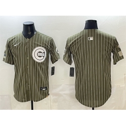 Men Chicago Cubs Blank Pinstripe Olive 2026 Armed Forces Day Salute To Service Stitched Baseball Jersey