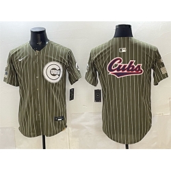 Men Chicago Cubs Team Big Logo Pinstripe Olive 2026 Armed Forces Day Salute To Service Stitched Baseball Jersey