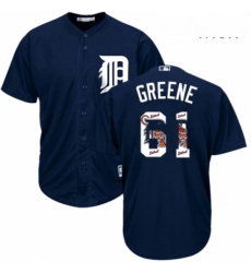 Mens Majestic Detroit Tigers 61 Shane Greene Authentic Navy Blue Team Logo Fashion Cool Base MLB Jersey 