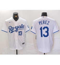 Men Kansas City Royals 13 Salvador Perez White Cool Base Stitched Jersey 1