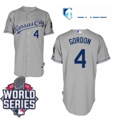 Mens Majestic Kansas City Royals 4 Alex Gordon Replica Grey Road Cool Base 2015 World Series