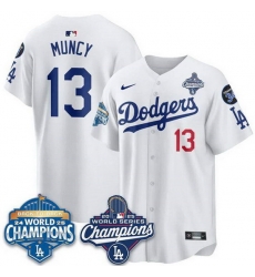 Men Los Angeles Dodgers 13 Max Muncy White 2025 World Series Champions  26 Back to Back Champions With No 34 Patch Limited Stitched Baseball Jersey