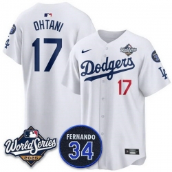 Men Los Angeles Dodgers 17 Shohei Ohtani White 2025 World Series With No 34 Patch Home Limited Stitched Baseball Jersey