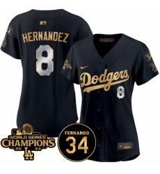 Women Los Angeles Dodgers 8 Enrique Hernandez Black Gold 2024 World Series Champions  26 Fernando Memorial Patch Limited Stitched Baseball Jersey 28Run Sma