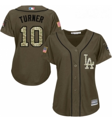 Womens Majestic Los Angeles Dodgers 10 Justin Turner Replica Green Salute to Service MLB Jersey