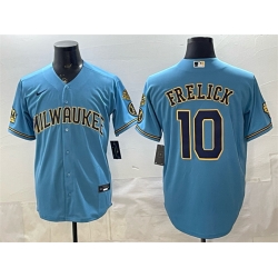 Men Milwaukee Brewers  10 Sal Frelick Blue With Home   Bob Uecker Patch Stitched Baseball Jersey