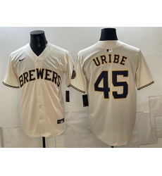 Men Milwaukee Brewers 45 Abner Uribe Cream Stitched Baseball Jersey Men Milwaukee Brewers 45 Abner Uribe Cream Stitched Baseball Jersey