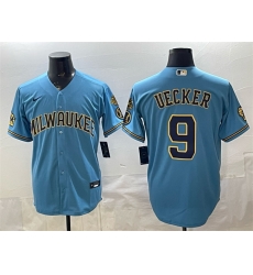 Men Milwaukee Brewers 9 Bob Uecker Blue With Home Bob Uecker Patch Stitched Baseball Jersey Men Milwaukee Brewers 9 Bob Uecker Blue With Home Bob Uecker Patch Stitched Baseball Jersey