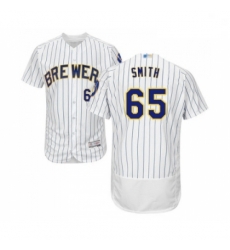 Mens Milwaukee Brewers 65 Burch Smith White Home Flex Base Authentic Collection Baseball Jersey