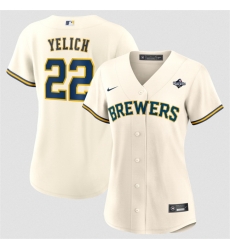 Women Milwaukee Brewers 22 Christian Yelich Cream 2026 World Series Limited Stitched Baseball Jersey Women Milwaukee Brewers 22 Christian Yelich Cream 2026 World Series Limited Stitched Baseball Jersey