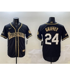 Men Seattle Mariners 24 Ken Griffey Jr  Black Gold Cool Base Stitched Baseball Jersey