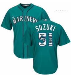 Mens Majestic Seattle Mariners 51 Ichiro Suzuki Authentic Teal Green Team Logo Fashion Cool Base MLB Jersey