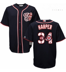 Mens Majestic Washington Nationals 34 Bryce Harper Authentic Navy Blue Team Logo Fashion Cool Base MLB Jersey