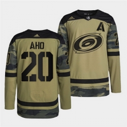 Men Carolina Hurricanes 20 Sebastian Aho 2022 Camo Military Appreciation Night Stitched jersey