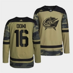 Men Columbus Blue Jackets 16 Max Domi 2022 Camo Military Appreciation Night Stitched jersey