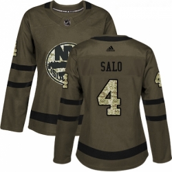 Womens Adidas New York Islanders 4 Robin Salo Authentic Green Salute to Service NHL Jersey 