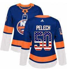 Womens Adidas New York Islanders 50 Adam Pelech Authentic Royal Blue USA Flag Fashion NHL Jersey 