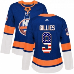 Womens Adidas New York Islanders 9 Clark Gillies Authentic Royal Blue USA Flag Fashion NHL Jersey 