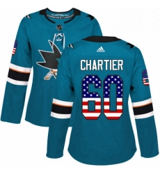 Womens Adidas San Jose Sharks 60 Rourke Chartier Authentic Teal Green USA Flag Fashion NHL Jersey 