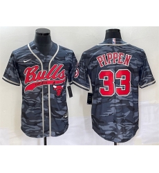 Men Chicago Bulls 33 Scottie Pippen Gray Camo Cool Base Stitched Baseball Jersey