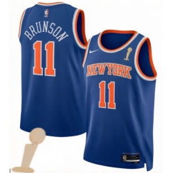 Men New Yok Knicks 11 Jalen Brunson Blue 2026 Champions Patch Icon Edition Stitched Basketball Jersey