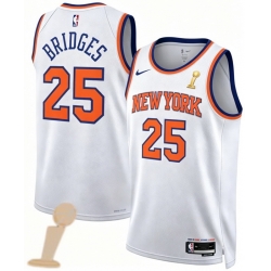 Men New Yok Knicks 25 Mikal Bridges White 2026 Champions Patch Icon Edition Stitched Basketball Jersey