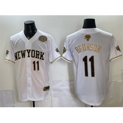 Men New York Knicks  11 Jalen Brunson White Gold 2026 Finals   Eastern Conference Champions Patch Stitched Baseball Jersey