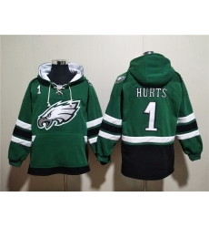 Men Philadelphia Eagles 1 Jalen Hurts Green Lace Up Pullover Hoodie