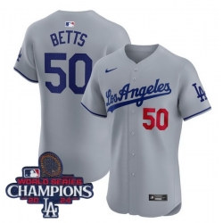 Men Nike Los Angeles Dodgers Mookie Betts #50 Gray Flex Base 2024 World Series Champions Stitched MLB Jersey