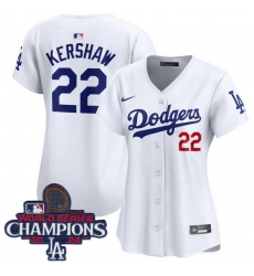 Women Nike Los Angeles Dodgers Clayton Kershaw #22 White Flex Base 2024 World Series Champions Stitched MLB Jersey