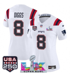 Women New England Patriots 8 Stefon Diggs White 2025 F U S E Super Bowl LX Patch And USA 250 27 Patch Vapor Limited Football Stitched Jersey Women New England Patriots 8 Stefon Diggs White 2025 F U S E Super Bowl LX Patch And USA 250 27 Patch Vapor Limited Football Stitched Jersey
