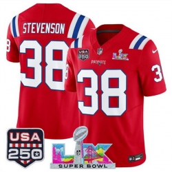 Youth New England Patriots 38 Rhamondre Stevenson Red 2025 F U S E  Super Bowl LX Patch And USA 250 27 Patch Vapor Limited Stitched Football Jersey