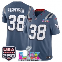 Youth New England Patriots 38 Rhamondre Stevenson Storm Blue 2025 F U S E  Super Bowl LX  USA 250 Patch  Rivalries Vapor Limited Stitched Football Jersey