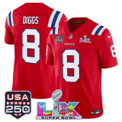 Youth New England Patriots 8 Stefon Diggs Red 2025 F U S E  Super Bowl LX  USA 250 Patch Vapor Limited Stitched Football Jersey