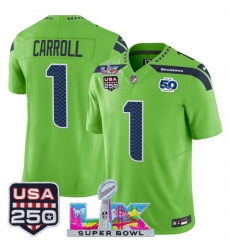Men Seattle Seahawks 1 Pete Carroll Green 2025 F U S E Super Bowl LX Patch And 50th Season USA 250 Patch Vapor Limited Football Stitched Jersey Men Seattle Seahawks 1 Pete Carroll Green 2025 F U S E Super Bowl LX Patch And 50th Season USA 250 Patch Vapor Limited Football Stitched Jersey