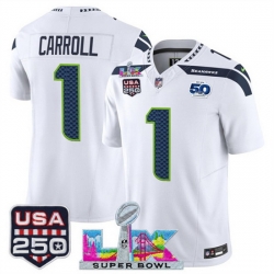 Men Seattle Seahawks 1 Pete Carroll White 2025 F U S E  Super Bowl LX Patch And 50th Season  USA 250 Patch Vapor Limited Football Stitched Jersey