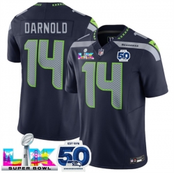 Men Seattle Seahawks 14 Sam Darnold Navy 2025 F U S E  Super Bowl LX Patch And 50th Season Patch Vapor Limited Stitched Football Jersey
