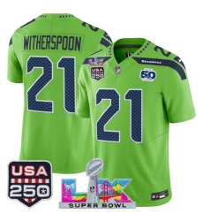 Men Seattle Seahawks 21 Devon Witherspoon Green 2025 F U S E Super Bowl LX Patch And 50th Season USA 250 Patch Vapor Limited Football Stitched Jersey Men Seattle Seahawks 21 Devon Witherspoon Green 2025 F U S E Super Bowl LX Patch And 50th Season USA 250 Patch Vapor Limited Football Stitched Jersey