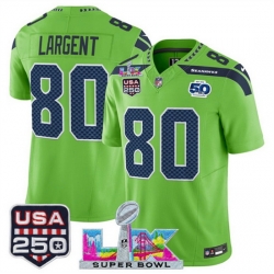 Men Seattle Seahawks 80 Steve Largent Green 2025 F U S E  Super Bowl LX Patch And 50th Season  USA 250 Patch Vapor Limited Football Stitched Jersey
