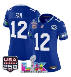 Women Seattle Seahawks 12 Fan Royal 2025 F U S E Super Bowl LX Patch And 50th Season 26 USA 250 27 Patch Vapor Throwback Limited Stitched Football Jersey Women Seattle Seahawks 12 Fan Royal 2025 F U S E Super Bowl LX Patch And 50th Season 26 USA 250 27 Patch Vapor Throwback Limited Stitched Football Jersey