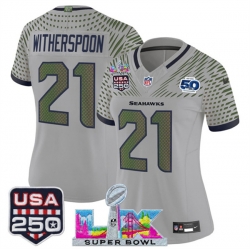 Women Seattle Seahawks 21 Devon Witherspoon Gray 2025 F U S E Super Bowl LX  US 250th anniversary Patch And 50th Season Patch Rivalries Vapor Limited Footb
